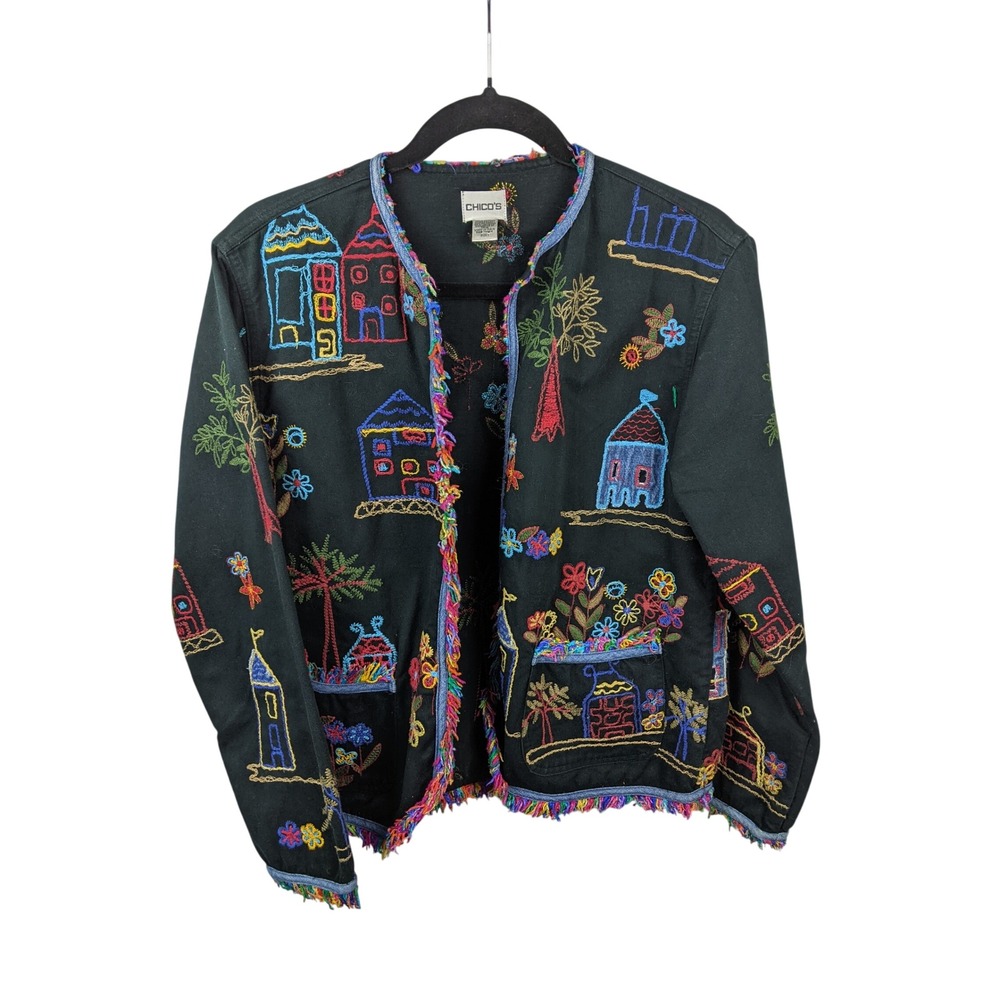 Chico's Women Black Embroidered Village Art to Wear Fringe Jacket Size 1 M